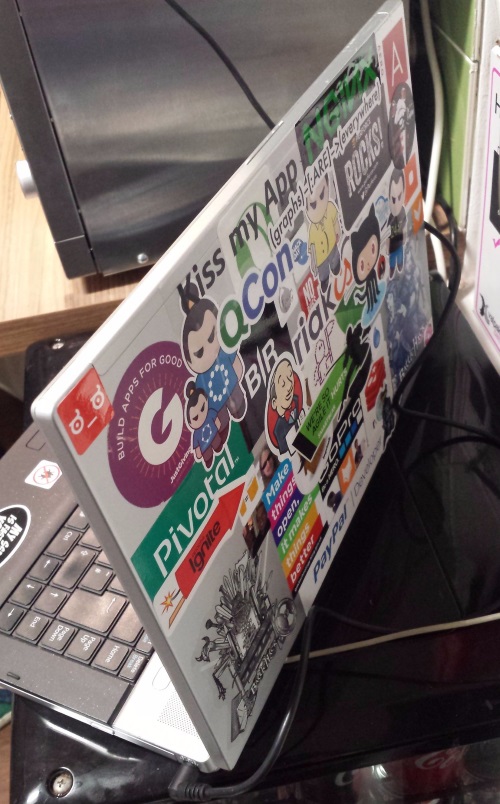 Bens sticker-bombed hackday laptop